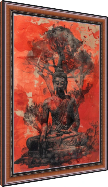 A serene Lord Buddha artwork in deep meditation under a detailed Bodhi tree set against a vivid red ink wash background. — photo frame preview | PrintPosters.in