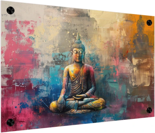 Contemporary abstract art featuring Lord Buddha seated in meditation with vibrant magenta, teal, and gold impasto paint. — acrylic preview | PrintPosters.in