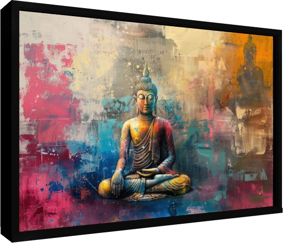 Contemporary abstract art featuring Lord Buddha seated in meditation with vibrant magenta, teal, and gold impasto paint. — floater frame preview | PrintPosters.in