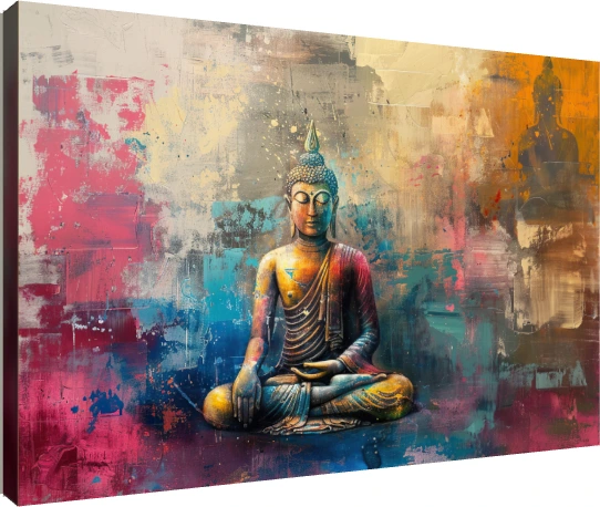 Contemporary abstract art featuring Lord Buddha seated in meditation with vibrant magenta, teal, and gold impasto paint. | PrintPosters.in