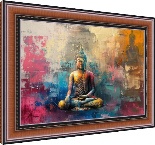 Contemporary abstract art featuring Lord Buddha seated in meditation with vibrant magenta, teal, and gold impasto paint. — photo frame preview | PrintPosters.in