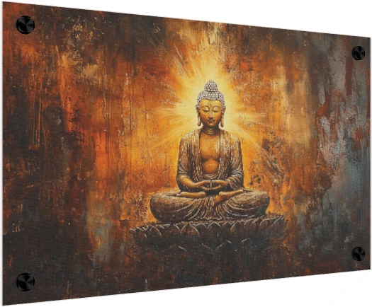 Painting of Lord Buddha in deep meditation with a glowing golden halo on a lotus seat against a textured bronze wall. — acrylic preview | PrintPosters.in