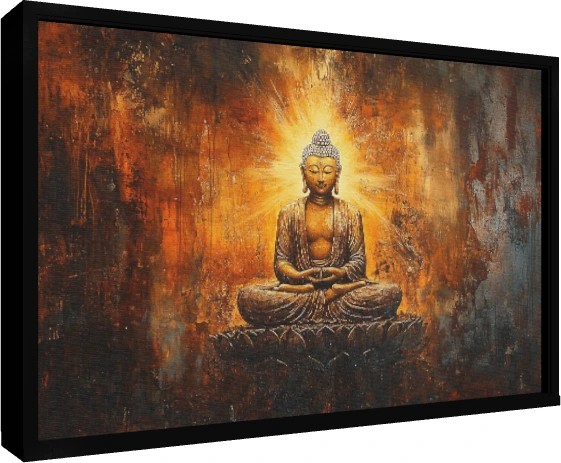 Painting of Lord Buddha in deep meditation with a glowing golden halo on a lotus seat against a textured bronze wall. — floater frame preview | PrintPosters.in