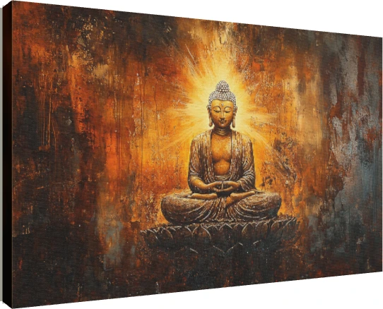 Painting of Lord Buddha in deep meditation with a glowing golden halo on a lotus seat against a textured bronze wall. | PrintPosters.in