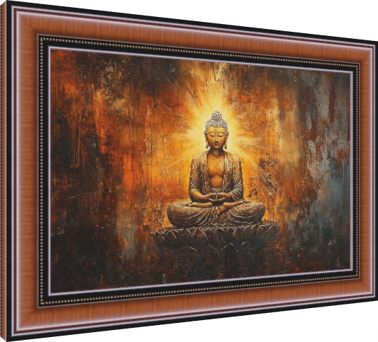Painting of Lord Buddha in deep meditation with a glowing golden halo on a lotus seat against a textured bronze wall. — photo frame preview | PrintPosters.in