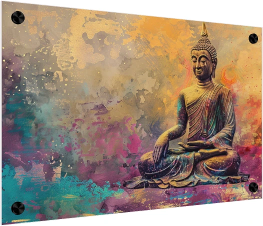 An artistic depiction of Lord Buddha sitting in meditation surrounded by abstract gold, teal, and magenta splashes. — acrylic preview | PrintPosters.in