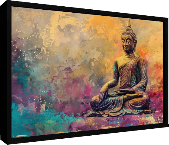 An artistic depiction of Lord Buddha sitting in meditation surrounded by abstract gold, teal, and magenta splashes. — floater frame preview | PrintPosters.in