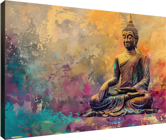 An artistic depiction of Lord Buddha sitting in meditation surrounded by abstract gold, teal, and magenta splashes. | PrintPosters.in