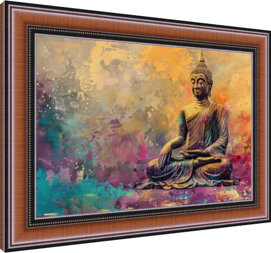 An artistic depiction of Lord Buddha sitting in meditation surrounded by abstract gold, teal, and magenta splashes. — photo frame preview | PrintPosters.in