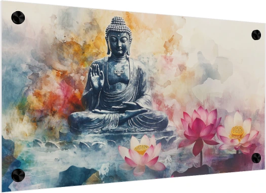 Watercolor artwork of Lord Buddha in meditation with pink and white lotus flowers blooming in mist. — acrylic preview | PrintPosters.in