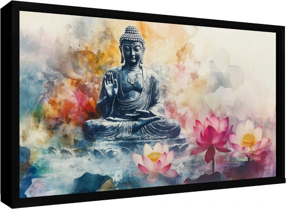 Watercolor artwork of Lord Buddha in meditation with pink and white lotus flowers blooming in mist. — floater frame preview | PrintPosters.in