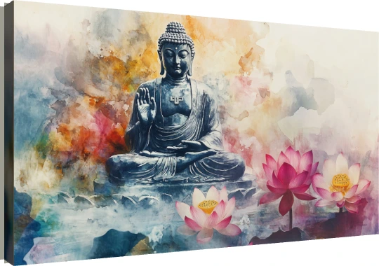 Watercolor artwork of Lord Buddha in meditation with pink and white lotus flowers blooming in mist. | PrintPosters.in