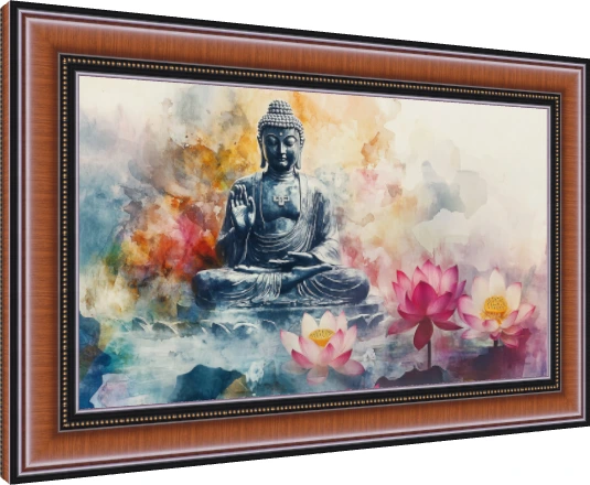 Watercolor artwork of Lord Buddha in meditation with pink and white lotus flowers blooming in mist. — photo frame preview | PrintPosters.in