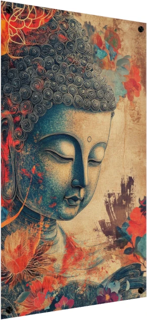 Vintage textured artwork featuring a teal profile of Lord Buddha with closed eyes surrounded by red lotus flowers. — acrylic preview | PrintPosters.in