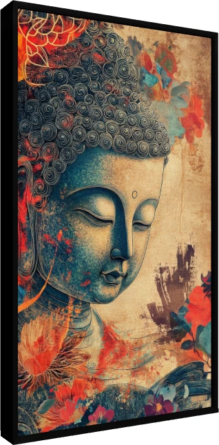 Vintage textured artwork featuring a teal profile of Lord Buddha with closed eyes surrounded by red lotus flowers. — floater frame preview | PrintPosters.in