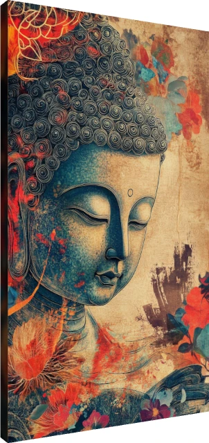 Vintage textured artwork featuring a teal profile of Lord Buddha with closed eyes surrounded by red lotus flowers. | PrintPosters.in