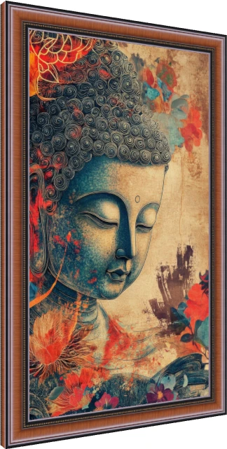 Vintage textured artwork featuring a teal profile of Lord Buddha with closed eyes surrounded by red lotus flowers. — photo frame preview | PrintPosters.in