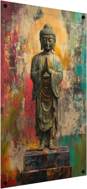 Standing bronze Buddha statue with folded hands in greeting, set against a colorful abstract gold, red, and teal background. — acrylic preview | PrintPosters.in