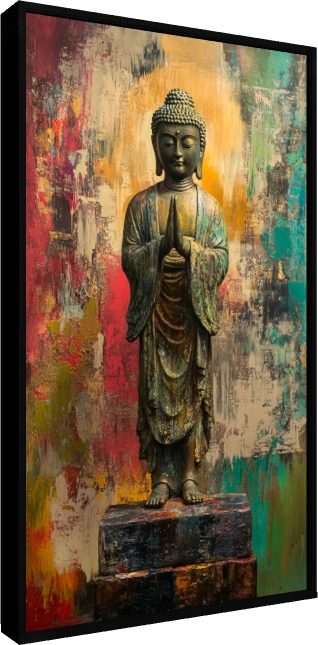Standing bronze Buddha statue with folded hands in greeting, set against a colorful abstract gold, red, and teal background. — floater frame preview | PrintPosters.in