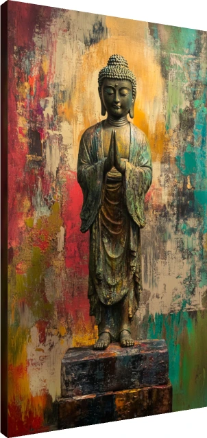 Standing bronze Buddha statue with folded hands in greeting, set against a colorful abstract gold, red, and teal background. | PrintPosters.in