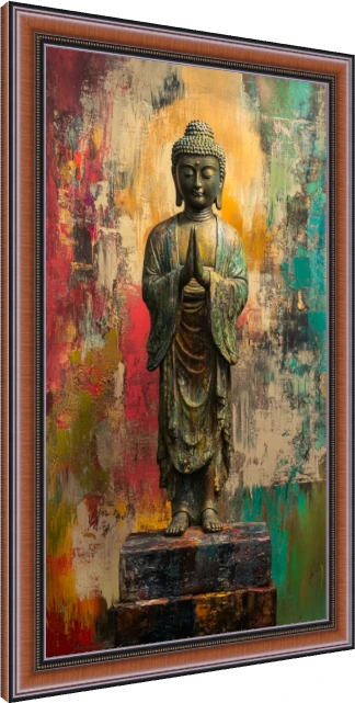 Standing bronze Buddha statue with folded hands in greeting, set against a colorful abstract gold, red, and teal background. — photo frame preview | PrintPosters.in