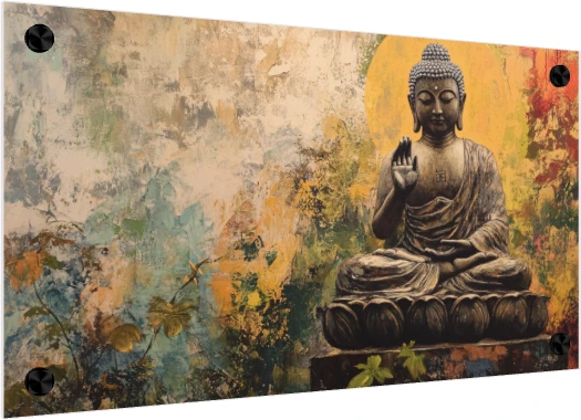 Impressionist painting of Lord Buddha in Abhaya Mudra seated on a lotus throne with a golden halo. — acrylic preview | PrintPosters.in