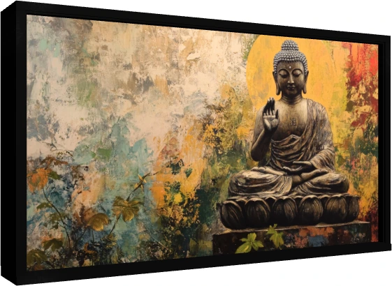 Impressionist painting of Lord Buddha in Abhaya Mudra seated on a lotus throne with a golden halo. — floater frame preview | PrintPosters.in