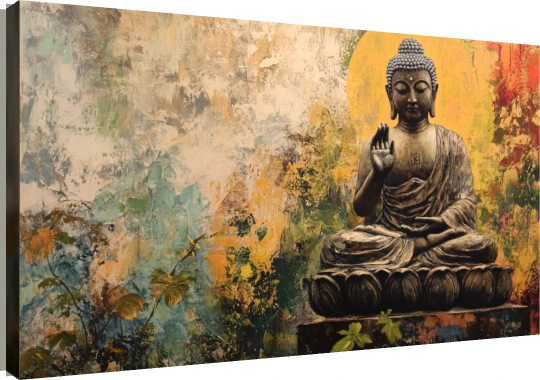 Impressionist painting of Lord Buddha in Abhaya Mudra seated on a lotus throne with a golden halo. | PrintPosters.in
