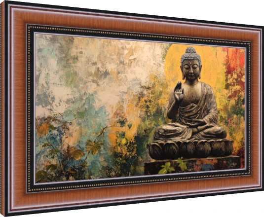 Impressionist painting of Lord Buddha in Abhaya Mudra seated on a lotus throne with a golden halo. — photo frame preview | PrintPosters.in