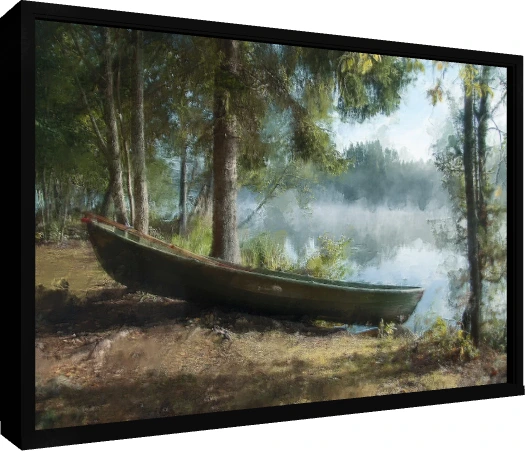 A green wooden boat rests on a shore beside a foggy lake framed by pine trees in soft morning light. — floater frame preview | PrintPosters.in