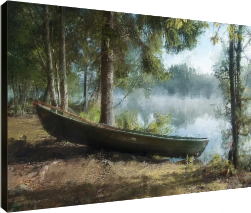 A green wooden boat rests on a shore beside a foggy lake framed by pine trees in soft morning light. | PrintPosters.in