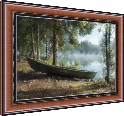 A green wooden boat rests on a shore beside a foggy lake framed by pine trees in soft morning light. — photo frame preview | PrintPosters.in