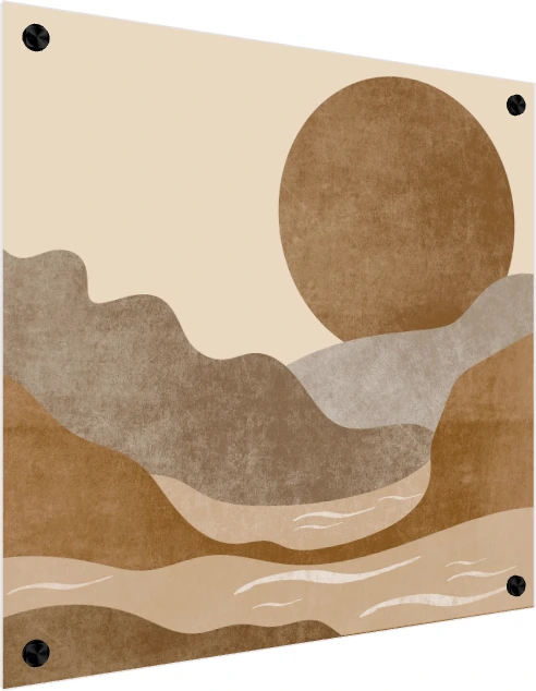 Abstract artwork featuring a large brown textured sun setting behind layered terracotta and grey rolling mountains. — acrylic preview | PrintPosters.in