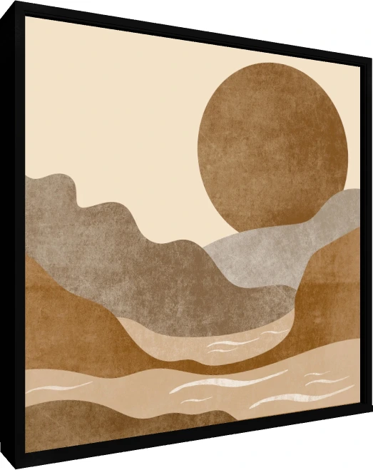 Abstract artwork featuring a large brown textured sun setting behind layered terracotta and grey rolling mountains. — floater frame preview | PrintPosters.in