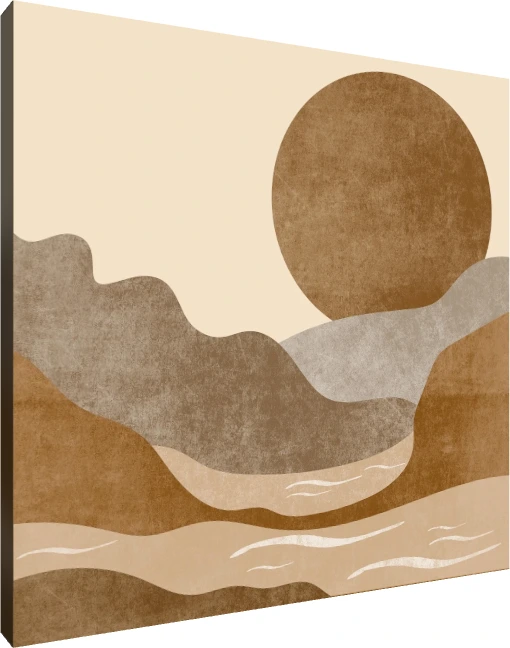 Abstract artwork featuring a large brown textured sun setting behind layered terracotta and grey rolling mountains. | PrintPosters.in
