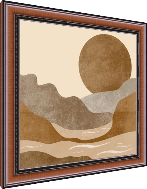 Abstract artwork featuring a large brown textured sun setting behind layered terracotta and grey rolling mountains. — photo frame preview | PrintPosters.in