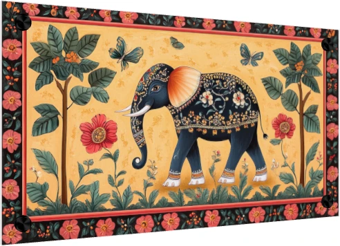 A traditional Indian painting of a decorated dark blue elephant standing amidst trees and red flowers on a yellow background. — acrylic preview | PrintPosters.in