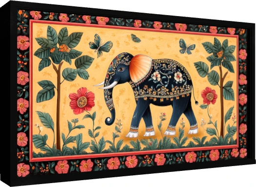 A traditional Indian painting of a decorated dark blue elephant standing amidst trees and red flowers on a yellow background. — floater frame preview | PrintPosters.in