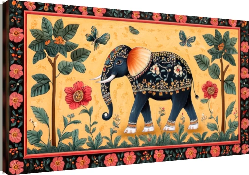 A traditional Indian painting of a decorated dark blue elephant standing amidst trees and red flowers on a yellow background. | PrintPosters.in