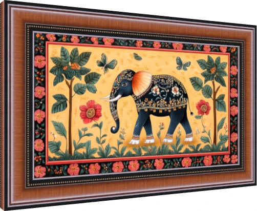 A traditional Indian painting of a decorated dark blue elephant standing amidst trees and red flowers on a yellow background. — photo frame preview | PrintPosters.in