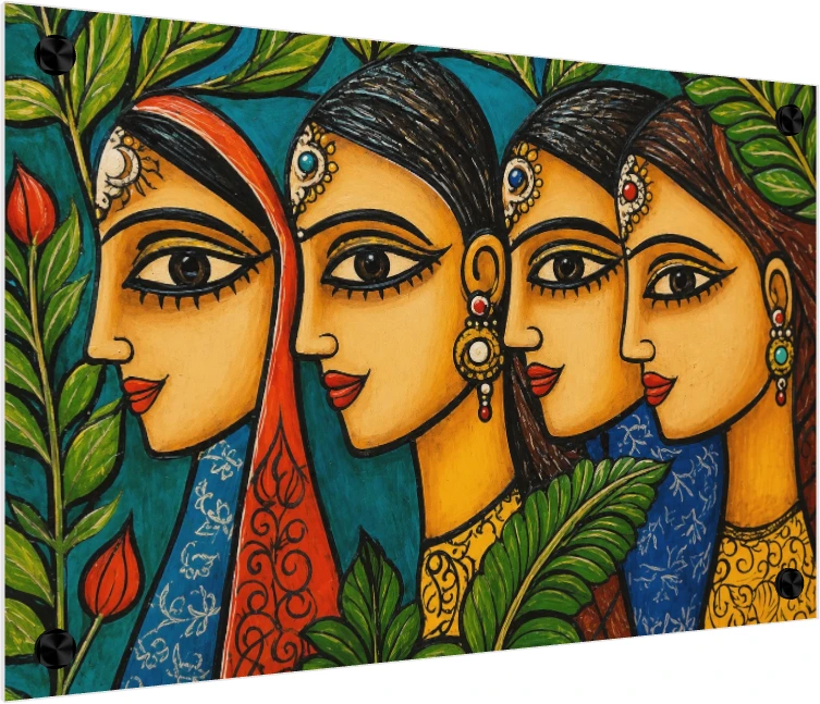 Vibrant Indian Women Folk Art Portrait Canvas wall art print — acrylic preview | PrintPosters.in