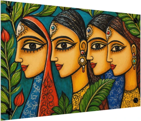 Vibrant Indian Women Folk Art Portrait Canvas wall art print — acrylic preview | PrintPosters.in