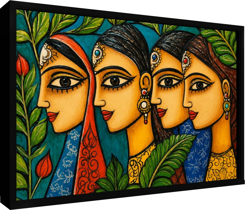 Vibrant Indian Women Folk Art Portrait Canvas wall art print — floater frame preview | PrintPosters.in