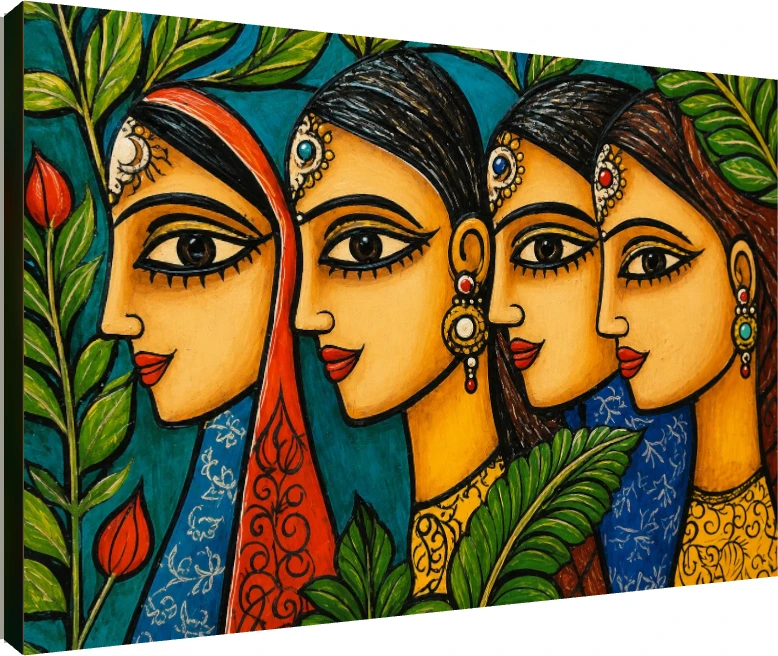 Vibrant Indian Women Folk Art Portrait Canvas wall art print | PrintPosters.in