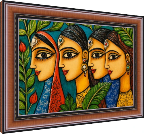 Vibrant Indian Women Folk Art Portrait Canvas wall art print — photo frame preview | PrintPosters.in