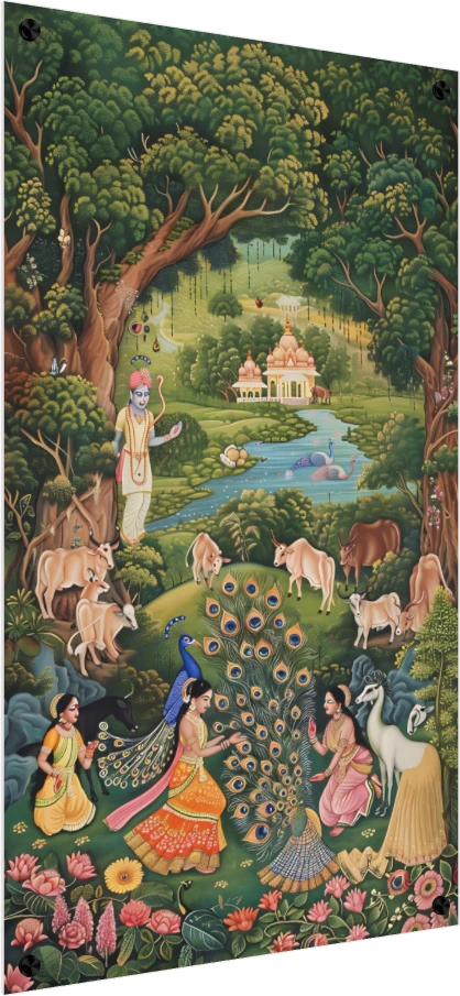 Traditional Pichwai painting of Lord Krishna in Vrindavan forest with Gopis, sacred cows, and a dancing peacock. — acrylic preview | PrintPosters.in