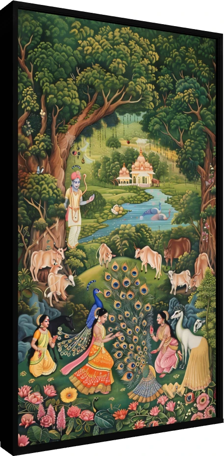 Traditional Pichwai painting of Lord Krishna in Vrindavan forest with Gopis, sacred cows, and a dancing peacock. — floater frame preview | PrintPosters.in