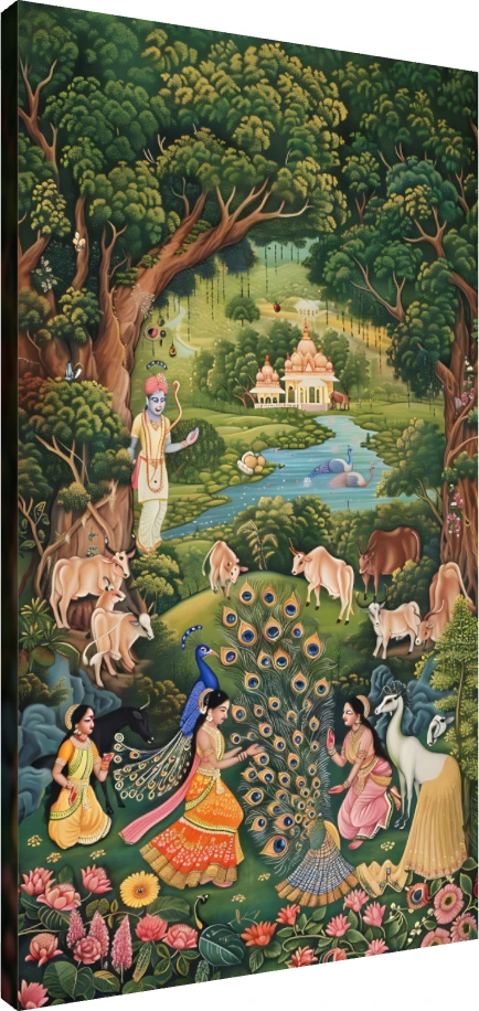 Traditional Pichwai painting of Lord Krishna in Vrindavan forest with Gopis, sacred cows, and a dancing peacock. | PrintPosters.in