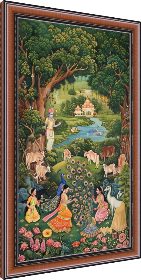 Traditional Pichwai painting of Lord Krishna in Vrindavan forest with Gopis, sacred cows, and a dancing peacock. — photo frame preview | PrintPosters.in