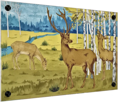 Illustration of three deer grazing amidst white birch trees in a yellow ochre meadow near a blue stream. — acrylic preview | PrintPosters.in
